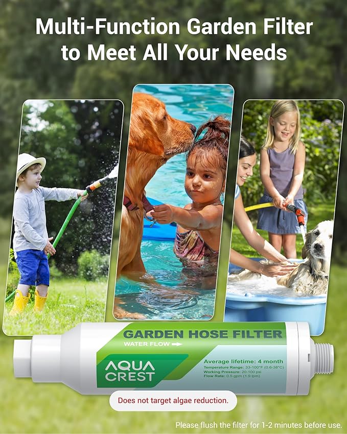AQUA CREST Garden Hose Water Filter for Plants, Greatly Reduces Chlorine, Odor, Improve Plants Health, Ideal for Organic Gardening, Farming and Pets, Pack of 2, with Hose Protector