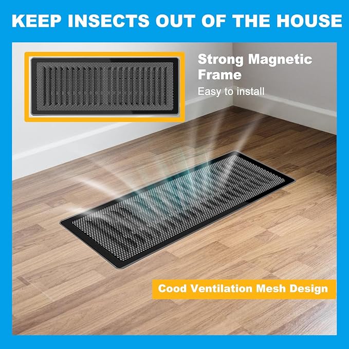 6-Pack Black Magnetic Vent Covers 4.7x10.2 Inch - Universal Fit for Floor, Wall & Ceiling Registers (5"-6" Width x 10"-12"Length) | High Airflow Mesh Design | Tool-Free Easy Installation
