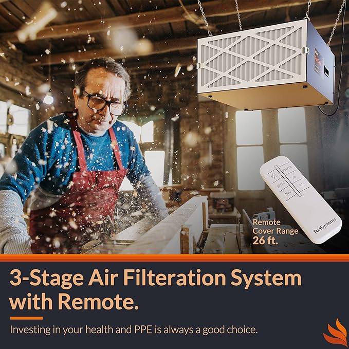 Purisystems Air Filtration System 3-Speed Remote, Built-in Ionizer, PuriCare 1100IG Hanging Air Filter w/RF Remote for Woodworking, Garage, Shop Dust Collector, up to 1100 sq. ft (1100 CFM)