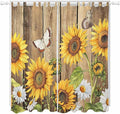 Farmhouse Sunflowers Living Room Curtains 84 Inch Length, Window Curtains Tab Top, Rustic Floral Buttterfly Wood Board Brown Light Filtering Window Treatments Drapes 52"x84" 2 Panel