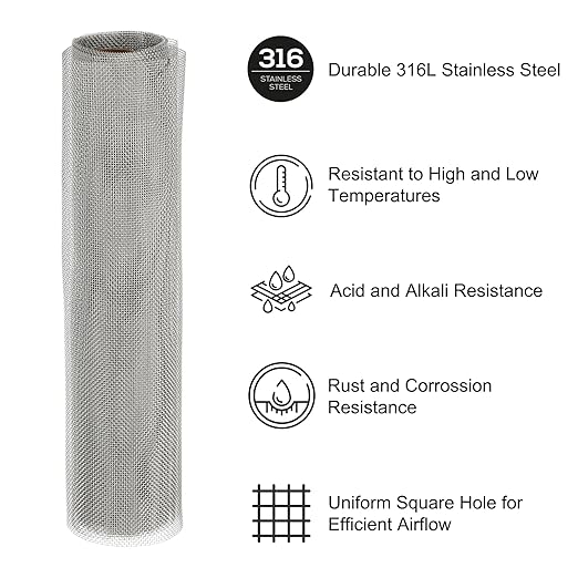 PATIKIL 40" L x 10" W Woven Wire Mesh, 20 Mesh 316L Stainless Steel Air Vent Filter Screen for Window Security Vent Cover Filtration Animals Fence