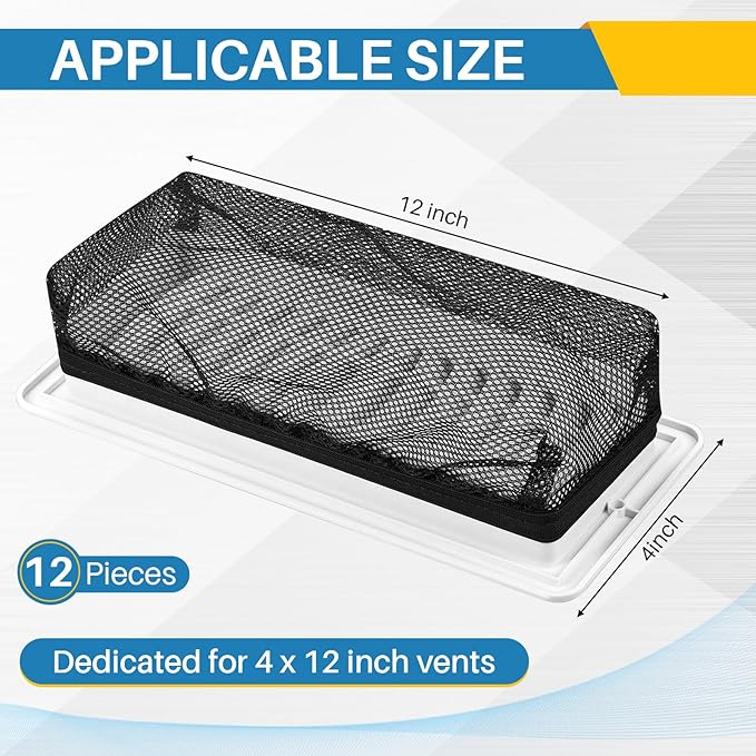 Zonon 12 Pcs 4 x 12 Inch Floor Register Cover Trap Vent Screen for Home Vent Mesh Elastic Band Filter Floor Register Trap Keeps Pet Hair,Food Out(Black)