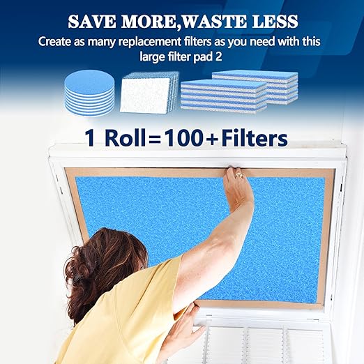 MERV 8 Air Vent Filters, 16" x 140"Cut to Fit Air Filter Material (100+ Filters),Electrostatic Triple Vent Filter for Floor, Ceiling, HVAC & RV Vents, Includes 48 Adhesive Hook Tape