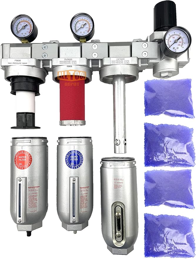 1" NPT SUPER DUTY Industrial Grade 4 Stages Filter Coalescing Desiccant Dryer Regulator System For Compressed Air Lines, Metal Bowls, Great For Paint Spray And Plasma Cutter (AUTO DRAIN)