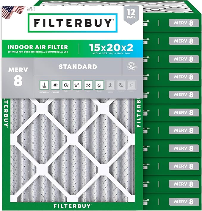 Filterbuy 15x20x2 Air Filter MERV 8 Essential Dust & Allergy Defense (12-Pack), Electrostatic Pleated HVAC AC Furnace Filters Replacement, Made in USA (Actual Size: 14.50 x 19.50 x 1.75)