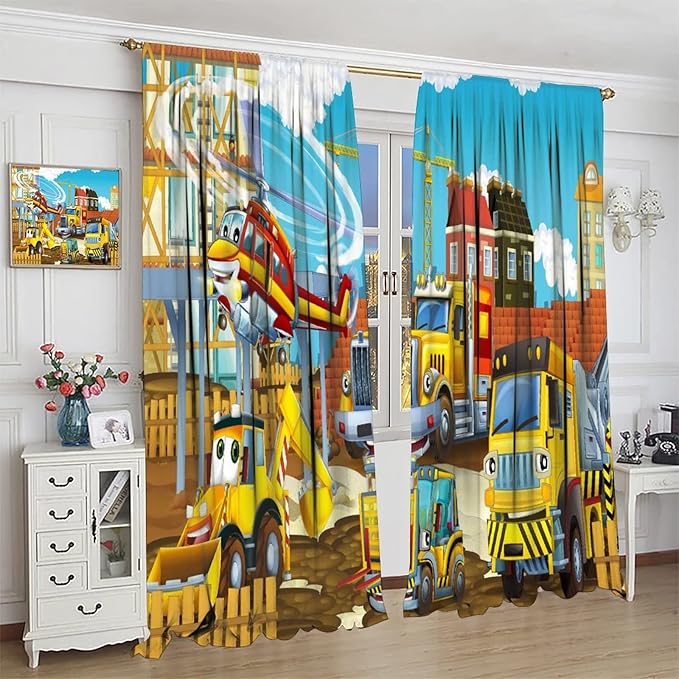 Kids Cartoon Construction Window Curtains, Funny Construction Site Cars and Helicopter Rod Pocket Decorative Windows Curtain for Children Teens Room Decor 42x63in (30% Blackout)