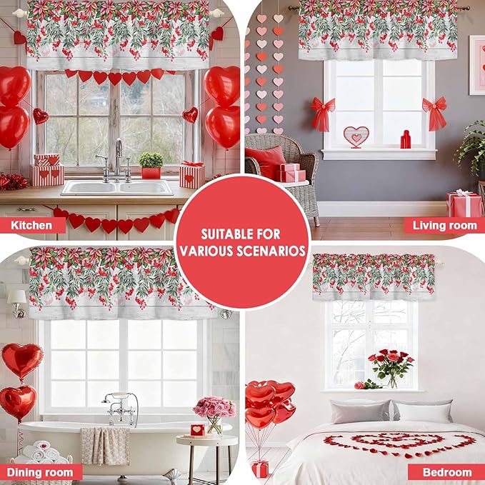 Poinsettia Berry Valance Curtains for Kitchen, Red Floral Winter Plants Vintage Wood Grain Privacy Rod Pocket Valance Curtain, Light-Filtering Window Treatment for Bedroom Bathroom, 42"x18"