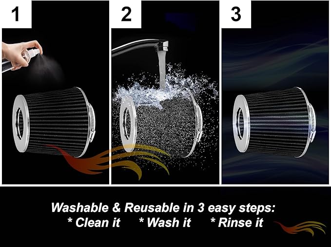 BLACK 2.5" 63.5 mm Inlet Cold Air Cone Replacement Performance Washable Clamp-On Dry Air Filter