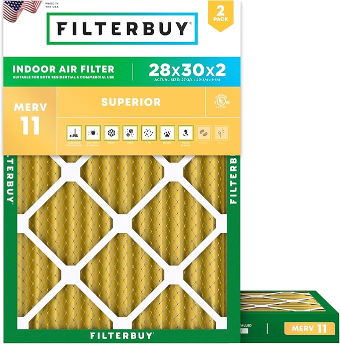 Filterbuy 28x30x2 Air Filter MERV 11 Superior Pet & Allergy Defense (2-Pack), Electrostatic Pleated HVAC AC Furnace Filters Replacement, Made in USA (Actual Size: 27.75 x 29.75 x 1.75)