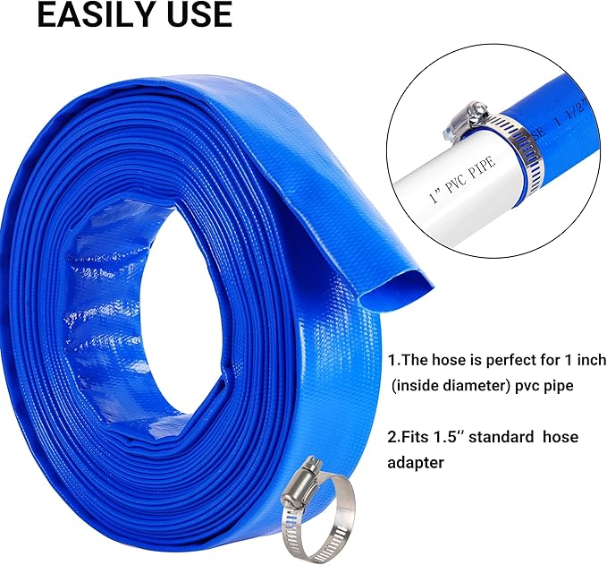 1-1/2" x 25 FT Pool Backwash Hose, Blue Heavy Duty Reinforced PVC Lay Flat Water Discharge Hose for Swimming Pool Filter Pump,with 2 Clamp