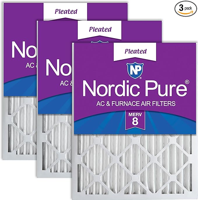 Nordic Pure 25x25x2 (Actual Size: 24 1/2 x 24 1/2 x 1 3/4) Pleated MERV 8 Air Filters 3 Pack