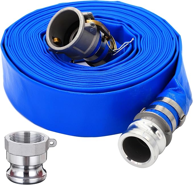 DAVCO 1-1/2" ID × 100 ft PVC Lay Flat Discharge Hose, Heavy Duty Reinforced Blue Pool Backwash Hoses For Swimming Drain Pools, with Aluminum Camlock C and E Fittings, Cam Lock Fitting Type A included