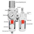 NANPU 3/8" NPT Compressed Air Filter Regulator Lubricator Combo Water/Oil Trap Separator - Gauge(0-150 psi), Poly Bowl, Semi-Auto Drain, Bracket - 3 in 1 Two Unit