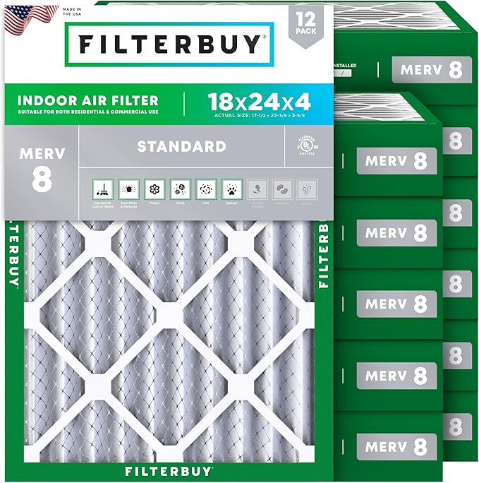 Filterbuy 18x24x4 Air Filter MERV 8 Essential Dust & Allergy Defense (12-Pack), Electrostatic Pleated HVAC AC Furnace Filters Replacement, Made in USA (Actual Size: 17.50 x 23.38 x 3.63)