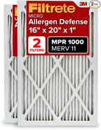 Filtrete 16x20x1 AC Furnace Air Filter, MERV 11, MPR 1000, Micro Allergen Defense, 3-Month Pleated 1-Inch Electrostatic Air Cleaning Filter, 2 Pack (Actual Size 15.719 x 19.719 x 0.84 in)