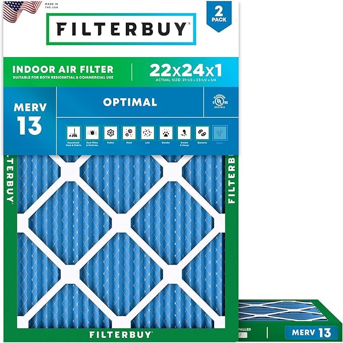 Filterbuy 22x24x1 Air Filter MERV 13 Optimal Smoke & Allergy Defense (2-Pack), Electrostatic Pleated HVAC AC Furnace Filters Replacement, Made in USA (Actual Size: 21.50 x 23.50 x 0.75)