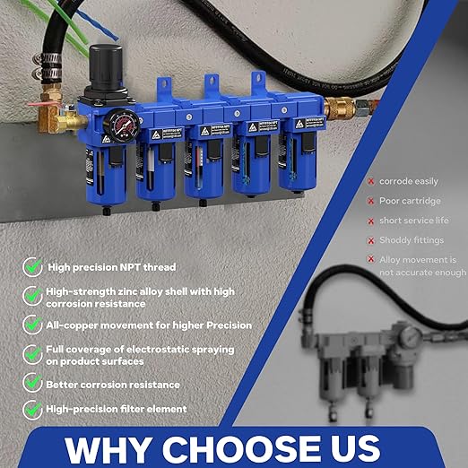 1/2'' NPT 5 Stage Air Drying System,5 &0.5 &0.01 Micron Filter Cartridge,Double Desiccant Dryers & Air Regulator,Metal Bowl, Semi-Auto Drain,Industrial Grade-Blue