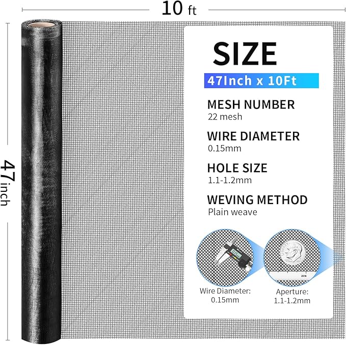 304 Stainless Steel Mesh, 47in x 10ft, 22 Mesh, Sturdy Metal Screen Roll for Window, Door, Air Vents, Filter, Cage, Garden, Patio, Pet (Black, 47inch x 10 feet)