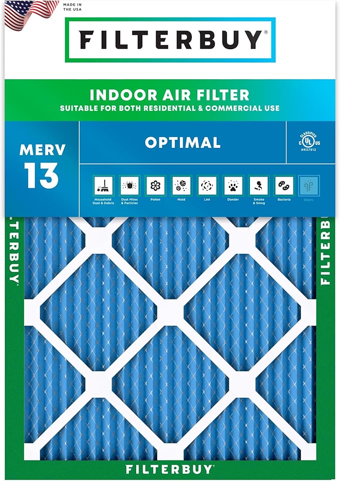 Filterbuy 17x20x1 Air Filter MERV 13 Optimal Smoke & Allergy Defense (1-Pack), Electrostatic Pleated HVAC AC Furnace Filters Replacement, Made in USA (Actual Size: 16.50 x 19.50 x 0.75)