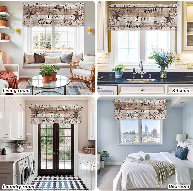 Rustic Star Brown Curtain Valances for Windows, Kitchen Valance Window Treatment, Vintage Plants Berry Wooden Grain Light Filtering Block Curtains for Bathroom/Bedroom/Living Room 42'' x 12''