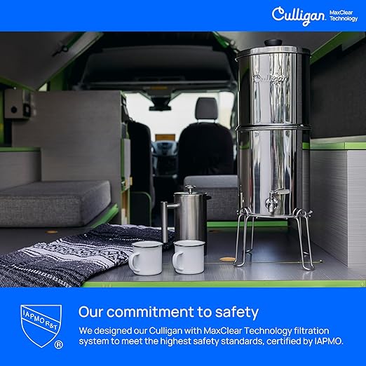 Culligan MaxClear 2.25 Gallon Gravity Water Filter System, Brushed Stainless-Steel Countertop Water Filter NSF/ANSI Certified to Reduce Microplastics, Lead & Total PFAS, with 1 Ceramic Filter