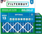 Filterbuy 24x24x2 Air Filter MERV 13 Optimal Smoke & Allergy Defense (6-Pack), Electrostatic Pleated HVAC AC Furnace Filters Replacement, Made in USA (Actual Size: 23.38 x 23.38 x 1.75)