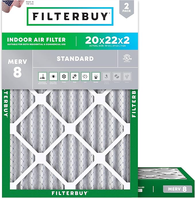 Filterbuy 20x22x2 Air Filter MERV 8 Essential Dust & Allergy Defense (2-Pack), Electrostatic Pleated HVAC AC Furnace Filters Replacement, Made in USA (Actual Size: 19.50 x 21.50 x 1.75)
