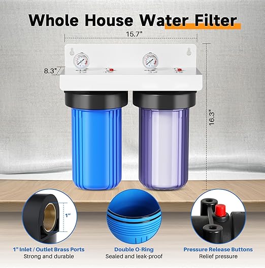 PUREPLUS 2-Stage Whole House Water Filtration System, Reduces Iron, Manganese, Chlorine & Odor, 10" x 4.5" Blue Housings, 1" Inlet/Outlet, RFN Iron & Certified CTO Carbon Filters