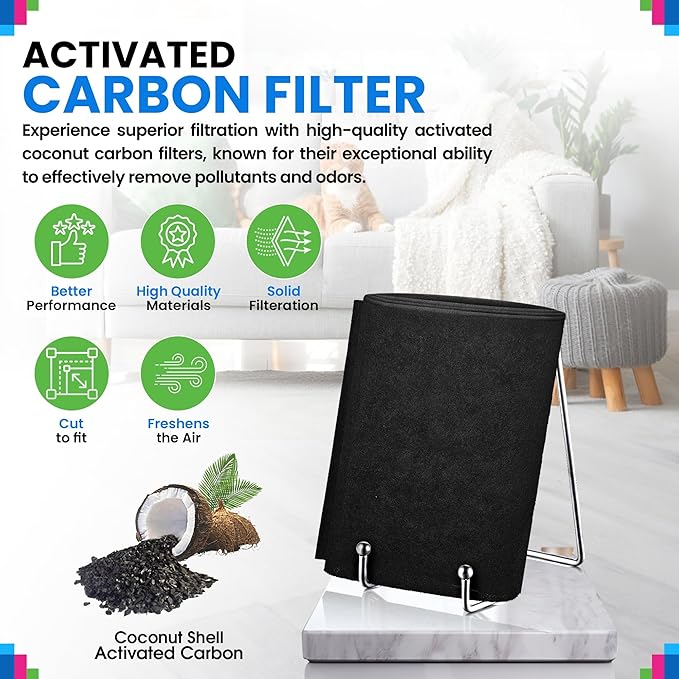 Cut to Fit Activated Carbon Filter Sheet 16” x 48” - Activated Carbon Air Filter for Air Purifiers Window AC Air Vent And More - Charcoal Filters Absorb Odors & Freshens the Air (4-Pack)