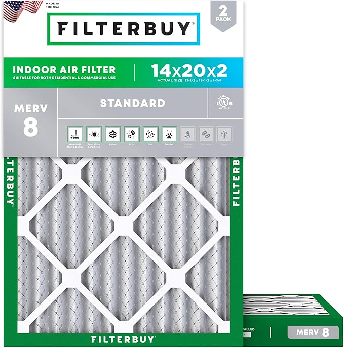 Filterbuy 14x20x2 Air Filter MERV 8 Essential Dust & Allergy Defense (2-Pack), Electrostatic Pleated HVAC AC Furnace Filters Replacement, Made in USA (Actual Size: 13.50 x 19.50 x 1.75)