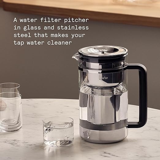 Aarke Purifier Glass Water Pitcher, Refillable Stainless Steel Filter, 8-Weeks Performance, BPA-Free, Dishwasher Safe, Pure & Enriched Refill Granules, 1.66L (7 Cups) Capacity