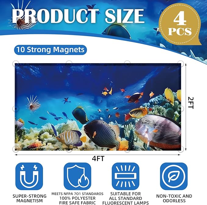 4 Pcs Fluorescent Light Covers - Classroom, Office 4 x 2 Feet Flame Retardant Magnetic Covers for Ceiling Lights Filters (Underwater World)