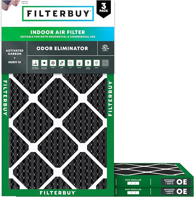Filterbuy 12x30x1 Air Filter MERV 10 Odor & Allergy Defense with Activated Carbon (3-Pack), Electrostatic Pleated HVAC AC Furnace Filters Replacement, Made in USA (Actual Size: 11.88 x 29.88 x 0.75)