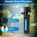 TARARIUM Aquarium Filter U-V for 20-75 Gallon, 200GPH Fish Tank Filter w/ 5W U-V Light Green Clean Machine Submersible Powerful Pump Internal Filter for Turtle Tank Saltwater Freshwater Crystal Clear