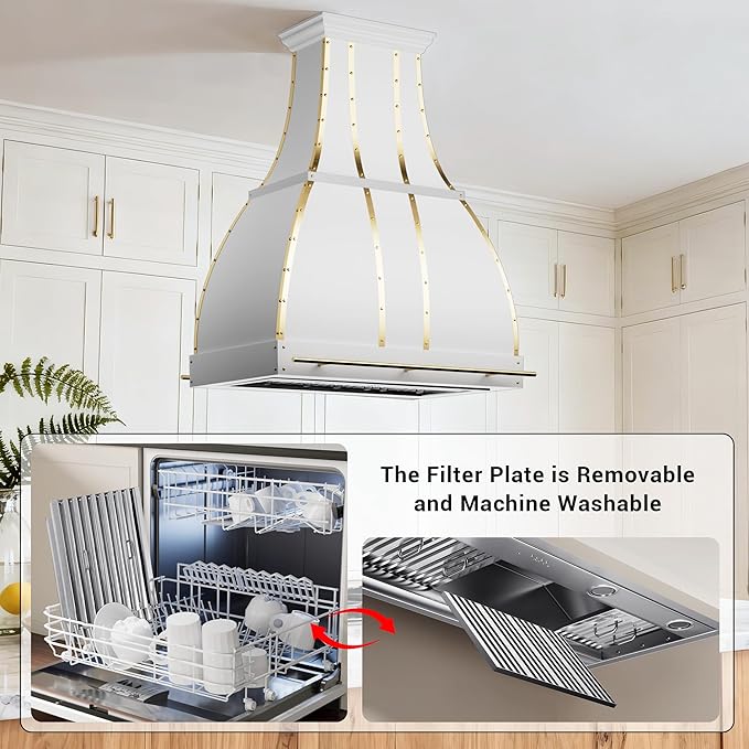 CHETTO C Stainless Steel Range Hood Cover with 4-Speed Vent Hood Insert Custom Handcrafted Metal Kitchen Fan with Towel Rack LED Light 30"W x27"D x57"H White Island Mount