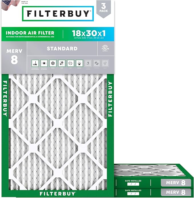 Filterbuy 18x30x1 Air Filter MERV 8 Essential Dust & Allergy Defense (3-Pack), Electrostatic Pleated HVAC AC Furnace Filters Replacement, Made in USA (Actual Size: 17.75 x 29.75 x 0.75)
