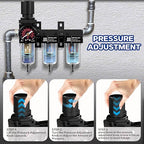NEWPO 1/4" NPT Air Drying System,Air Filter Pressure Regulator for Spray Guns and Pnuematic Tools, Air Dryer for Compressor, 5＆0.5&0.01 Micron Filter Cartridge,Semi-Auto Drain (Black)