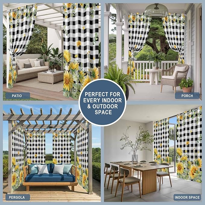 Sunflowers Outdoor Curtains for Patio Summer Floral Eucalyptus Leaf Buffalo Check Waterproof Outside Curtains with Grommet Top Weatherproof Curtain for Cabana Pergola Gazebo, 2 Pack, 54" W x 84" L