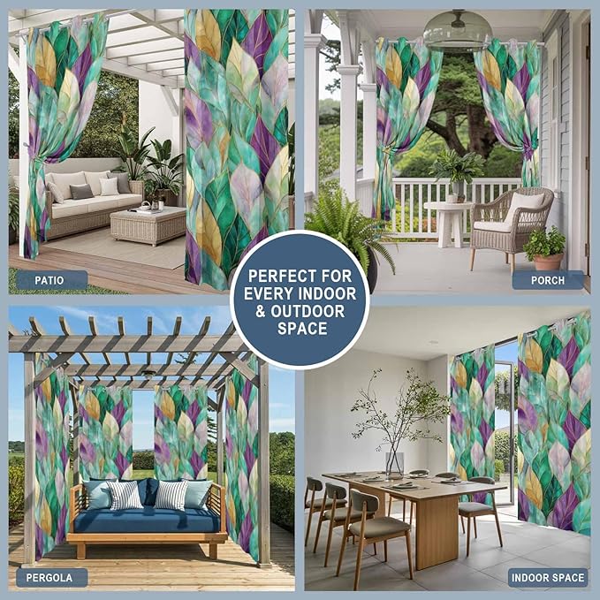 Leaves Outdoor Curtains for Patio Gorgeous Leaf Abstract Spring Waterproof Outside Curtains with Grommet Top Weatherproof Curtain for Cabana Pergola Gazebo, 1 Panel, 54" W x 95" L