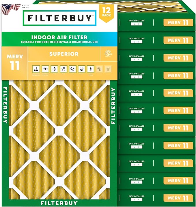 Filterbuy 20x30x2 Air Filter MERV 11 Superior Pet & Allergy Defense (12-Pack), Electrostatic Pleated HVAC AC Furnace Filters Replacement, Made in USA (Actual Size: 19.75 x 29.75 x 1.75)
