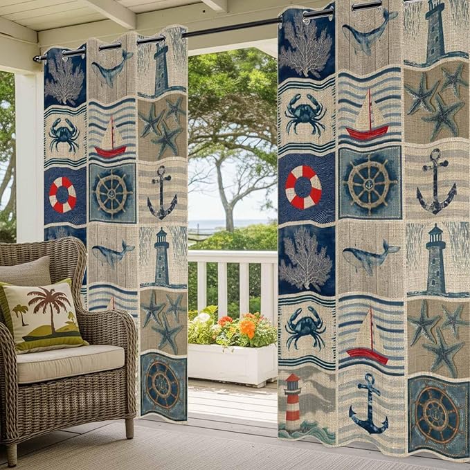 Oceans Outdoor Curtains for Patio Shell Starfish Whales Summer Vintage Waterproof Outside Curtains with Grommet Top Weatherproof Curtain for Cabana Pergola Gazebo, 2 Pack, 54" W x 84" L