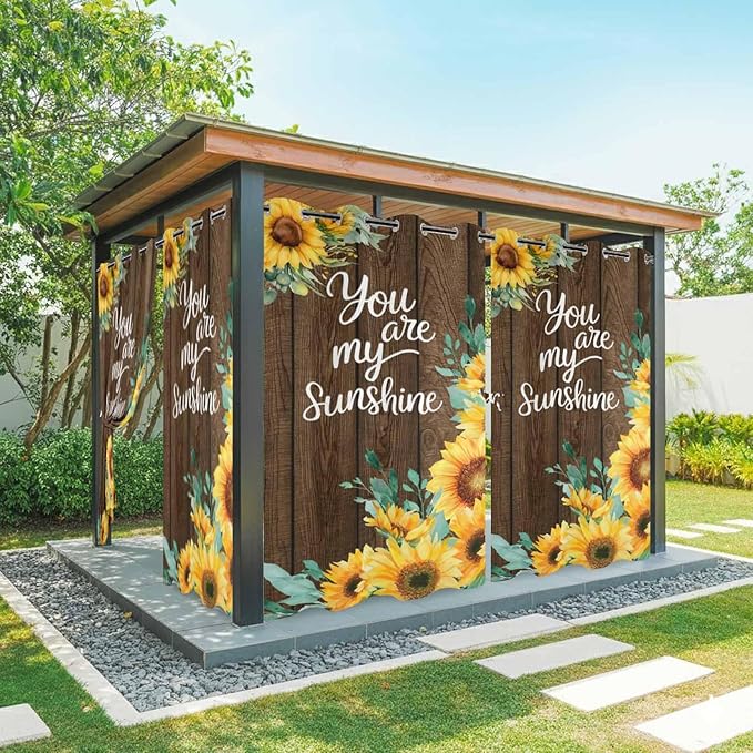 Summer Outdoor Curtains for Patio Sunflowers Eucalyptus Leaves Wood Waterproof Outside Curtains with Grommet Top Weatherproof Curtain for Cabana Pergola Gazebo, 1 Panel, 54" W x 108" L