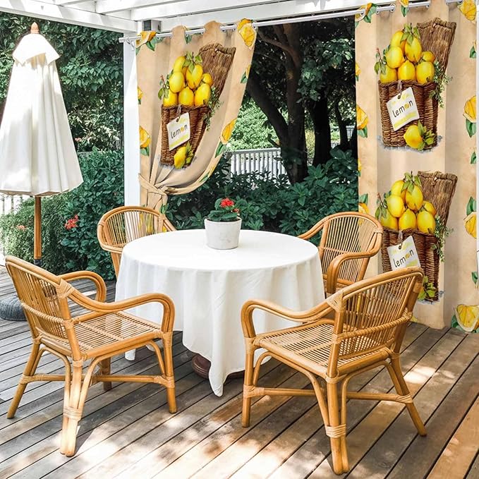 Lemon Outdoor Curtains for Patio Lemons in Baskets Summer Tropical Plant Brown Waterproof Outside Curtains with Grommet Top Weatherproof Curtain for Cabana Pergola Gazebo, 2 Pack, 54" W x 108" L