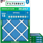 Filterbuy 20x24x1 Air Filter MERV 13 Optimal Smoke & Allergy Defense (4-Pack), Electrostatic Pleated HVAC AC Furnace Filters Replacement, Made in USA (Actual Size: 19.38 x 23.38 x 0.75)