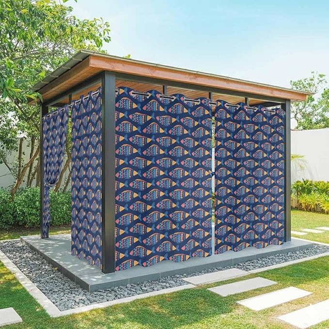 Fish Outdoor Curtains for Patio Vintage National Wind Fish Blue Waterproof Outside Curtains with Grommet Top Weatherproof Curtain for Cabana Pergola Gazebo, 2 Pack, 54" W x 84" L