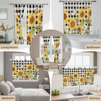 Sunflowers Living Room Curtains 84 Inch Length, Window Curtains Tab Top, Yellow Flowers Butterfly Farmhouse Black Plaid Light Filtering Window Treatments Drapes 52"x84" 2 Panel