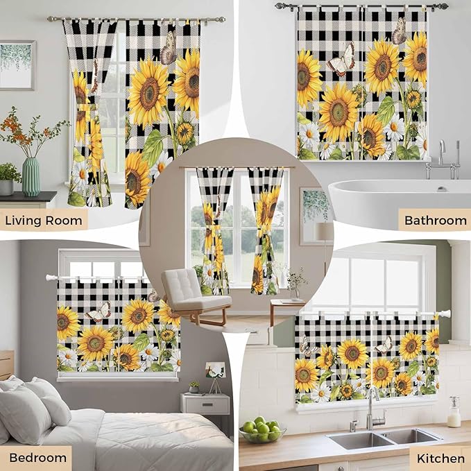 Sunflowers Kitchen Curtains 24 Inch Length, Small Window Curtains Tab Top, Yellow Flowers Butterfly Farmhouse Black Plaid Light Filtering Short Window Treatments Tier Drapes 27.5"x24" 2 Panel