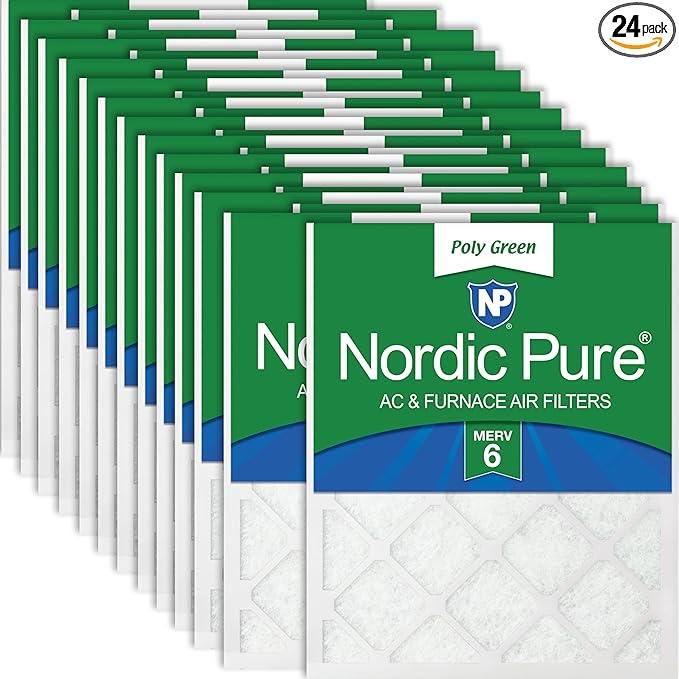 Nordic Pure 16x16x1 (Actual Size: 15 3/4 x 15 3/4 x 3/4) Poly Green MERV 6 AC Furnace Air Filters – Reduces Dust, Pollen, Pet Dander & Allergens – 24-Pack