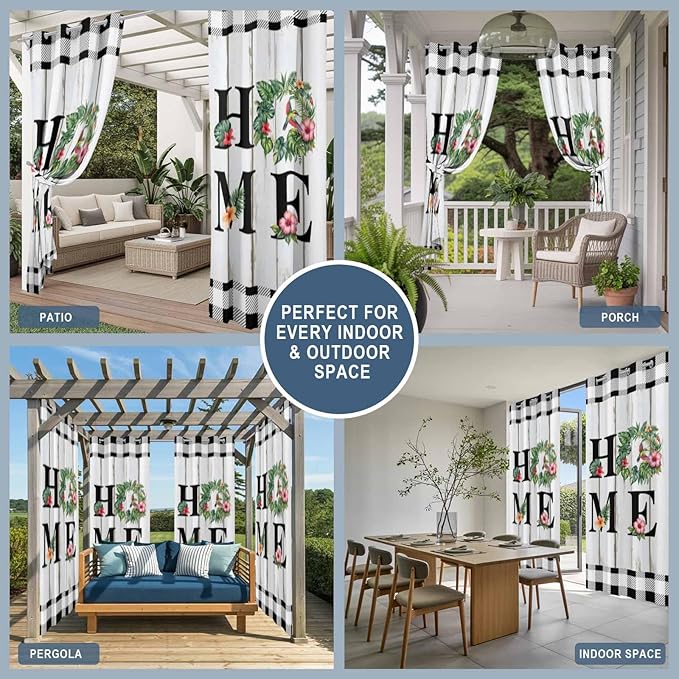 Summer Outdoor Curtains for Patio Leaves Garland Plumeria Wood Buffalo Plaid Waterproof Outside Curtains with Grommet Top Weatherproof Curtain for Cabana Pergola Gazebo, 2 Pack, 54" W x 95" L