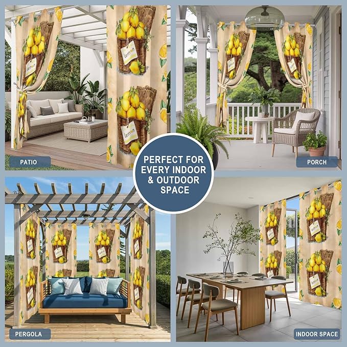 Lemon Outdoor Curtains for Patio Lemons in Baskets Summer Tropical Plant Brown Waterproof Outside Curtains with Grommet Top Weatherproof Curtain for Cabana Pergola Gazebo, 2 Pack, 54" W x 84" L